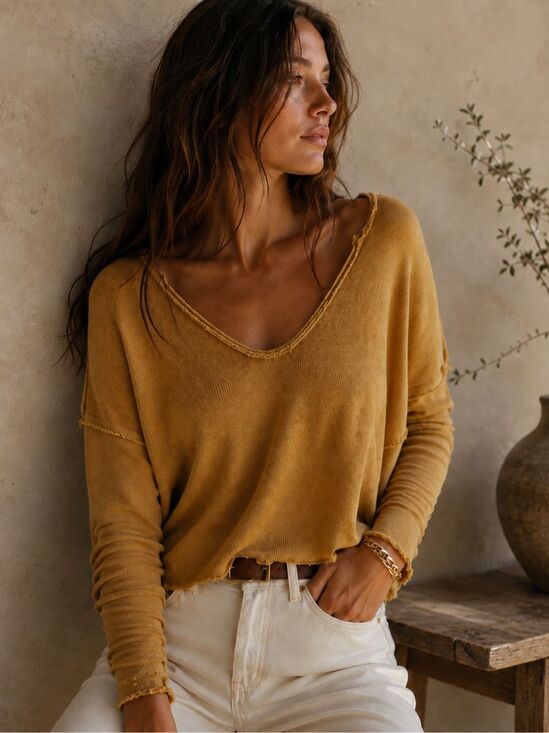 Free People Sweaters - FREE PEOPLE Mustard Yellow Distressed Sweater Size Small V-Neck